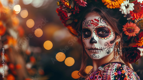Woman with skull makeup and flowers in her hair