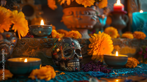 Table adorned with candles and skull