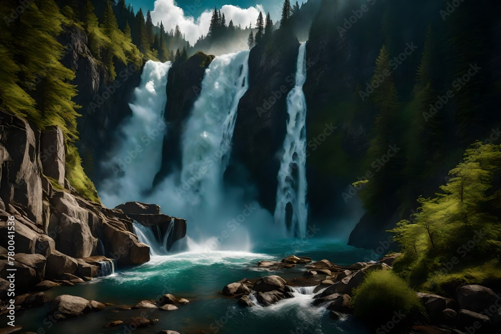 Experience the raw power of nature with this high-resolution image capturing the dynamic motion of a majestic waterfall crashing down a mountainside. The clarity and realism of this photograph Experience the raw power of nature with this high-resolution image capturing the dynamic motion of a majestic waterfall crashing down a mountainside. The clarity and realism of this photograph