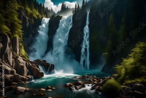Experience the raw power of nature with this high-resolution image capturing the dynamic motion of a majestic waterfall crashing down a mountainside. The clarity and realism of this photograph  photo