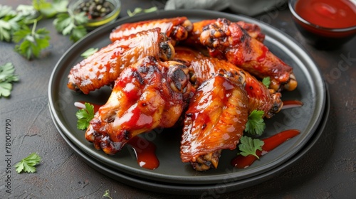 Delicious glazed chicken wings with barbecue sauce and parsley garnish on a dark plate