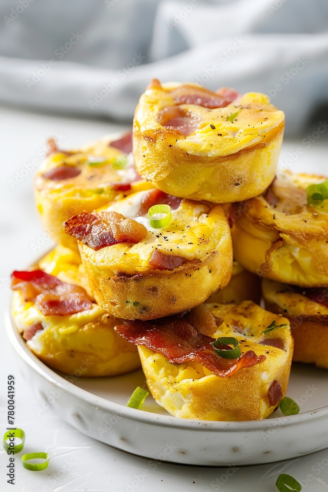 Close-up of egg dumplings with bacon and chopped chives stacked on a marble table. Fitness cupcakes with healthy ingredients for dessert.