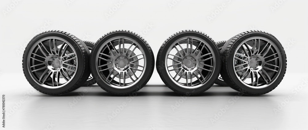 A series of four sleek car tires with detailed alloy rims displayed in a row against a pure white background. A series of four sleek car tires with detailed alloy rims displayed in a row against a pure white background.