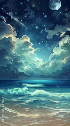 Starry Night Over Moonlit Ocean  Ethereal Seascape Art