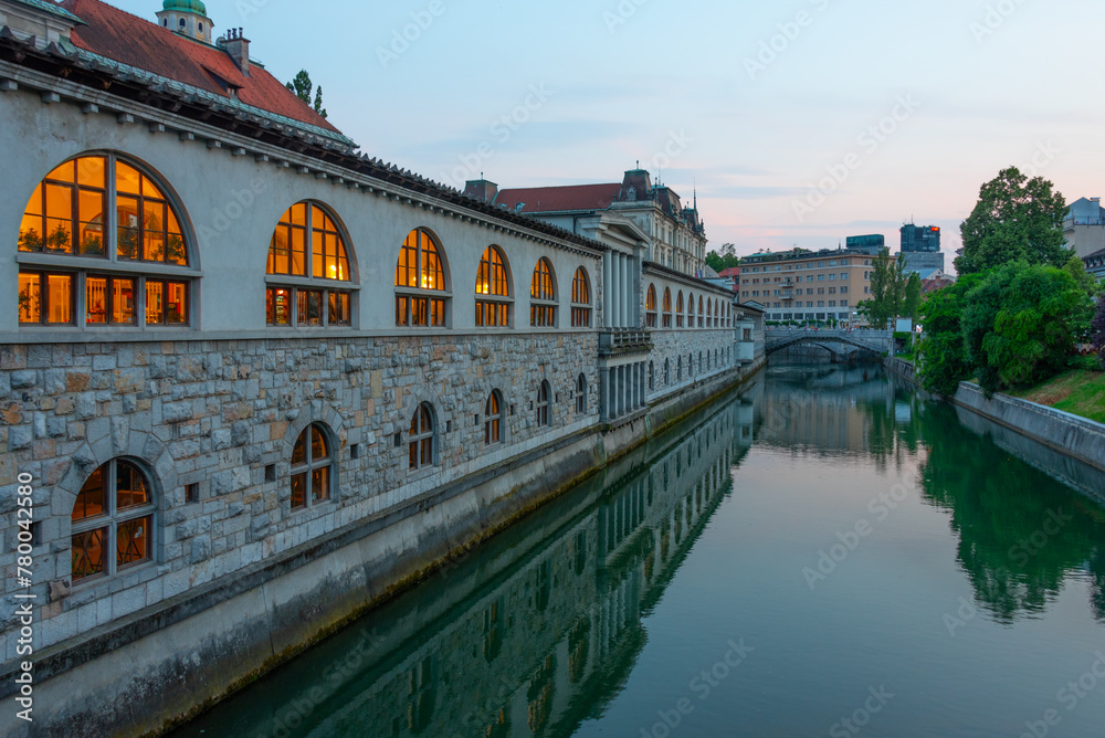 Covered marketplace at the side of river Ljubljanica in Ljubljan