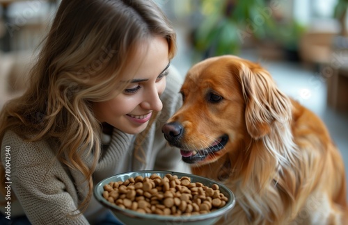 Woman sits on floor, side view, feeding her golden retriever with a bowl of food.