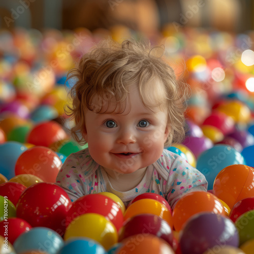 Playful and energetic child in colorful ball pit, Generative AI