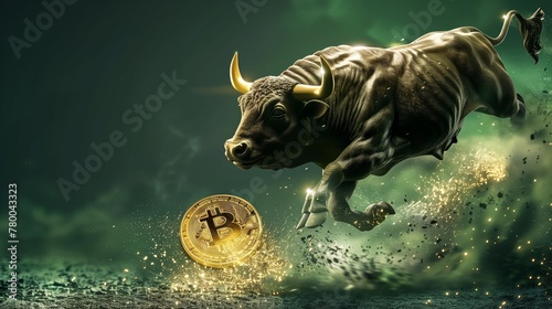 Bull figurine standing on bitcoins, concept of bullish market view to future of cryptocurrencies