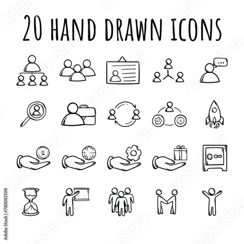 Set of vector editable hand-drawn icons related to business, management, recruitment, teamwork