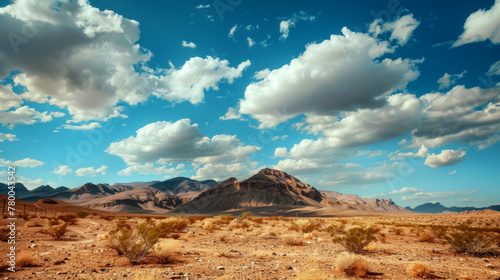 Arid desert landscape with cracked earth and distant mountains under cloudy sky