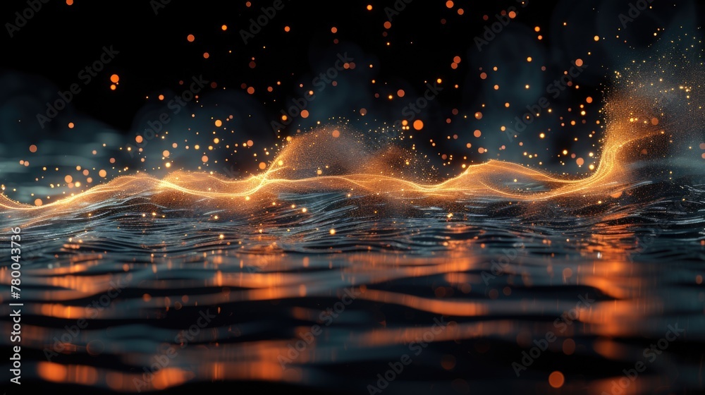 A dynamic wave of water with vibrant lights glowing in the background. - obrazy, fototapety, plakaty 