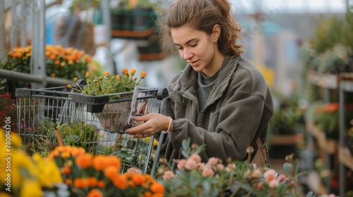 Woman Observing Flowers in Flower Shop