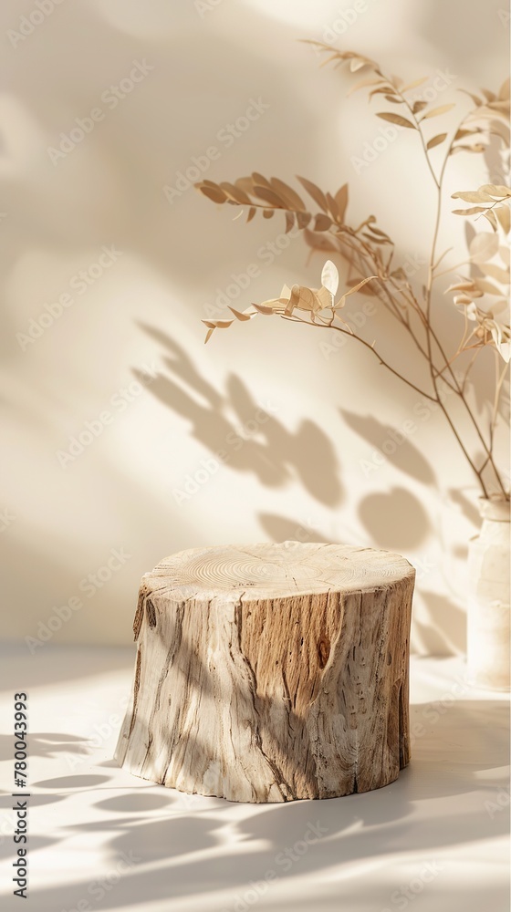 A serene composition with a wooden stump and plant shadows creating an eco-friendly atmosphere. A serene composition with a wooden stump and plant shadows creating an eco-friendly atmosphere.
