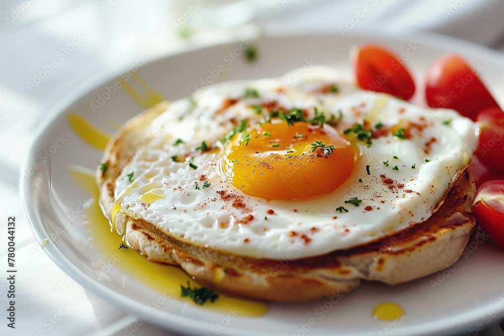 Close-up of a fried egg on toast, garnished with herbs and spices, served with tomatoes on the side.