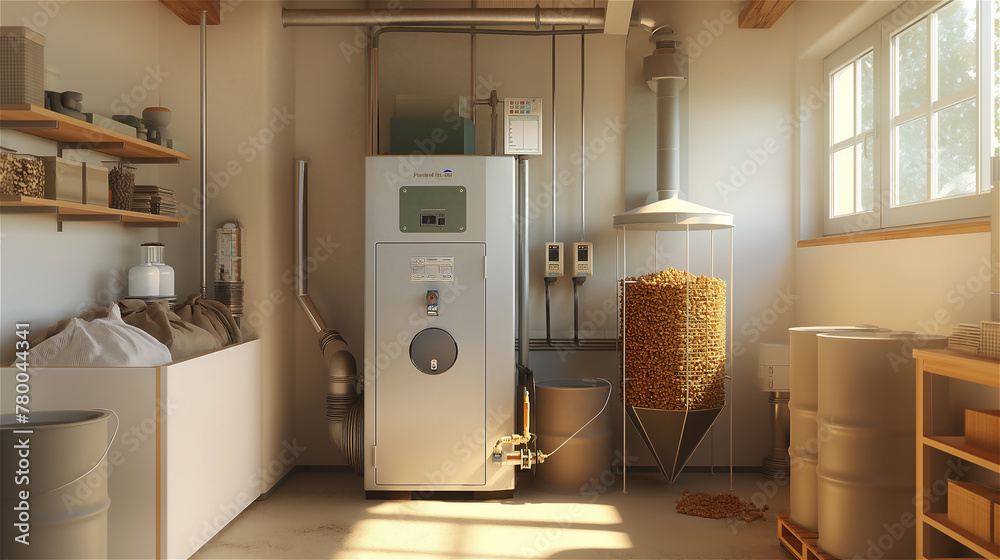 Biomass boiler in a modern boiler room. Scattered pellets.