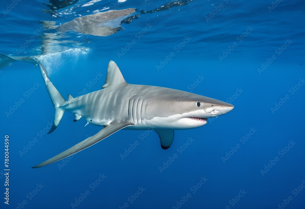 Fototapeta premium Great white shark in deep blue water.