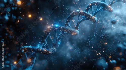 A digital image showcasing a double strand of DNA in shades of blue and gold, highlighting the complexity of genetic information. photo