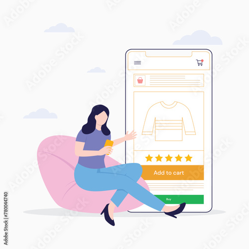 Woman buy product in the online shop mobile shopping flat illustration