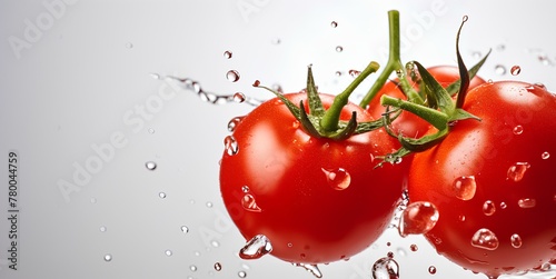 Juicy ripe red tomatoes on a branch in drops of water, horizontal banner