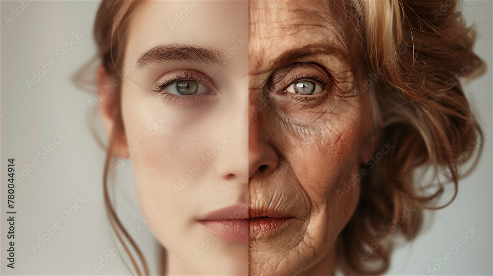 A portrait showing a woman's face. Half of the face shows a young woman and half an old woman.