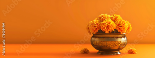 Traditional Indian marigold arrangement in a brass pot. Indian religious holidays. Hindu New Year, Gudi Padwa, Ugadi. Design for banner, poster, card with copy space photo