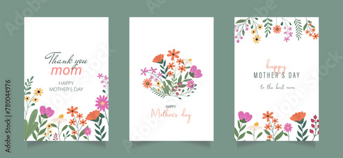 Set of Happy Mother's Day greeting cards with beautiful colorful flowers. Editable vector template for greeting card, poster, banner, invitation, social media post. 