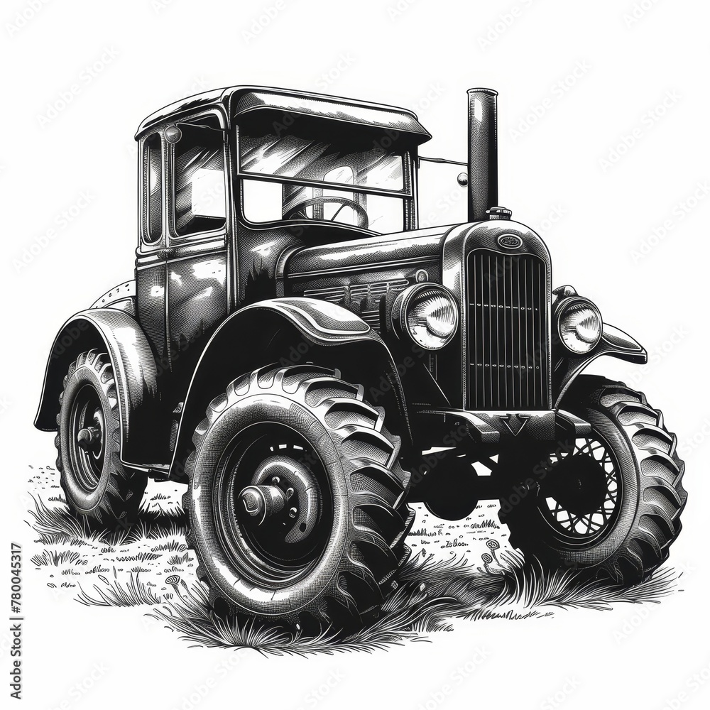 a black and white drawing of a tractor