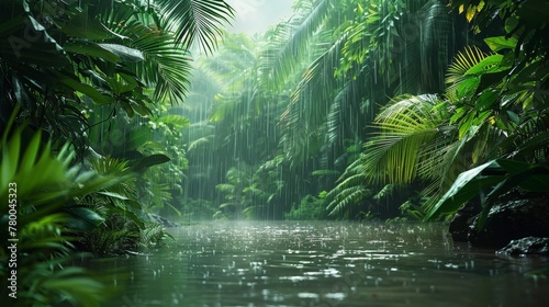 A lush green jungle with a river running through it. The rain is pouring down, creating a peaceful and serene atmosphere