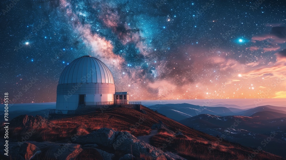 A large telescope is on a hill with a beautiful night sky. The sky is filled with stars and the moon is visible. The scene is peaceful and serene, with the telescope as the focal point