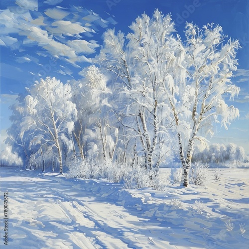 The winter landscape with frost-covered trees under a blue sky, captured beautifully in oil paints.