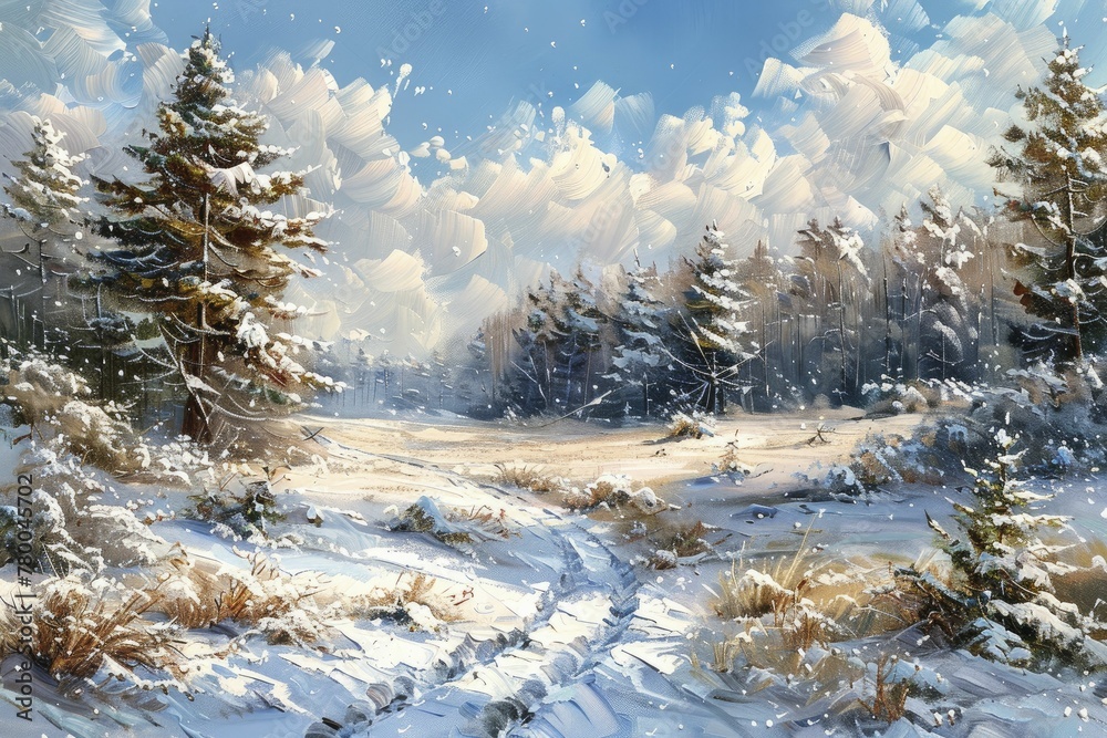 A serene winter landscape emerges from the artist's brush, capturing the essence of a tranquil snowy field and pine forest.