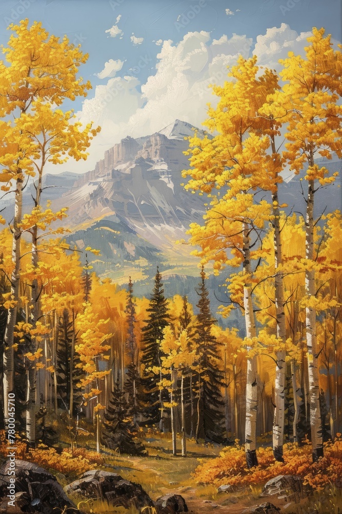 Golden aspen forest in fall with mountain backdrop, painted with oil paints
