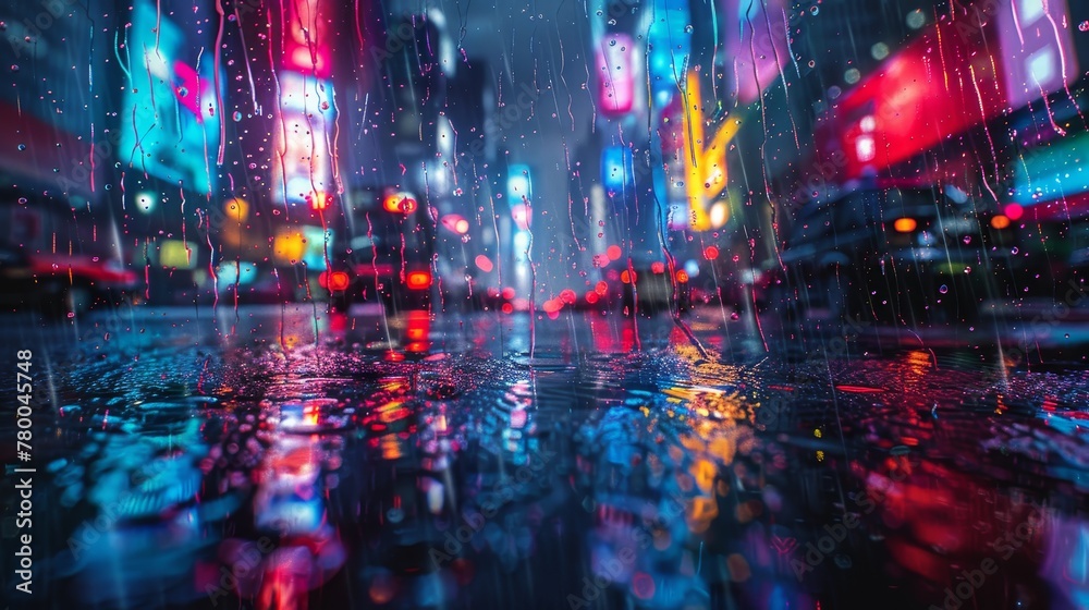 A city street with neon lights and rain. Scene is one of a busy, bustling city at night