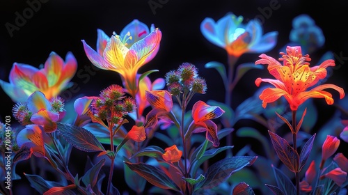 A colorful bouquet of flowers with a bright blue and yellow flower in the middle. The flowers are illuminated and appear to be glowing. Scene is cheerful and vibrant