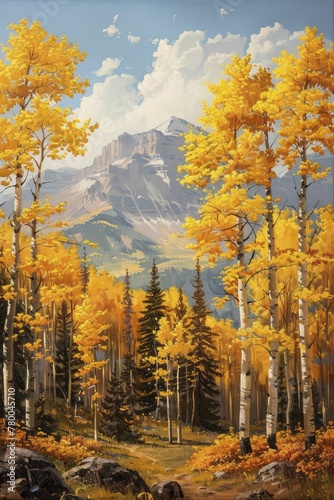 Golden aspen forest in fall with mountain backdrop, painted with oil paints photo