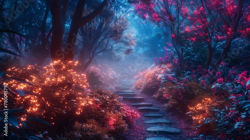 A forest with a path that is lit up with lights. The lights are scattered throughout the forest, creating a magical and enchanting atmosphere