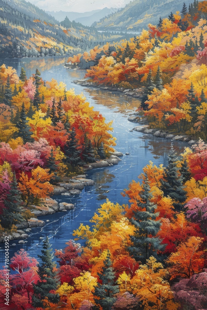 An aerial perspective captures a winding river meandering through vibrant autumn woodlands, showcasing nature's hues in rich oil strokes.