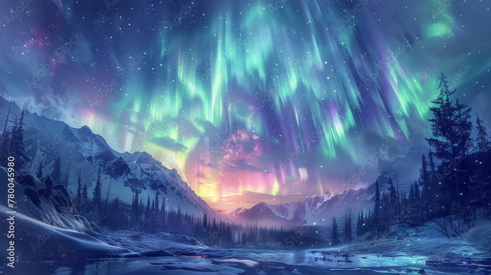 A beautiful, serene landscape with a bright blue sky and a glowing aurora. The sky is filled with stars and the aurora is visible in the distance. The scene is peaceful and calming A beautiful, serene landscape with a bright blue sky and a glowing aurora. The sky is filled with stars and the aurora is visible in the distance. The scene is peaceful and calming