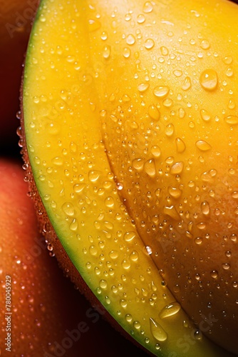 Tropical mango fruit closeup with water drops as background. Vertical conceptual creative banner for social network, media