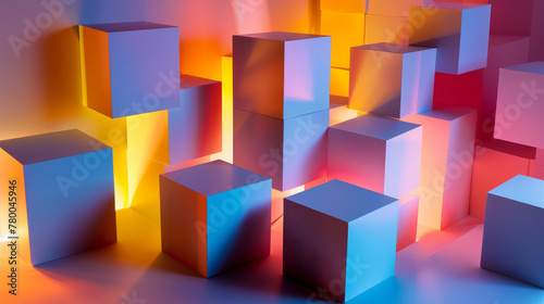  Red and pink glowing abstract cubes in a dynamic array. photo
