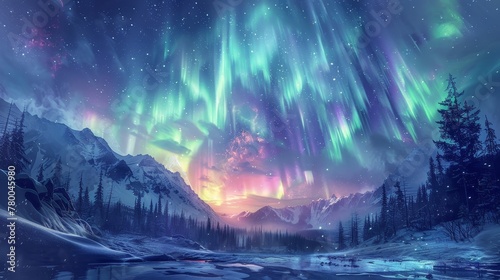 A beautiful  serene landscape with a bright blue sky and a glowing aurora. The sky is filled with stars and the aurora is visible in the distance. The scene is peaceful and calming