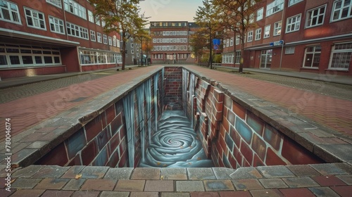 A brick wall with a spiral design and a water feature. The scene is peaceful and serene, with the water creating a calming effect photo