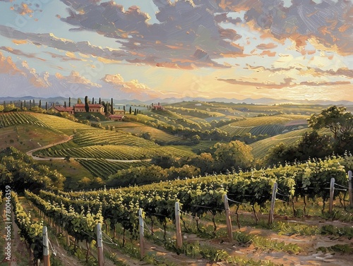 The serene vista of vineyards cascading over gentle hills at dusk evokes a bucolic charm worthy of an oil painting. photo