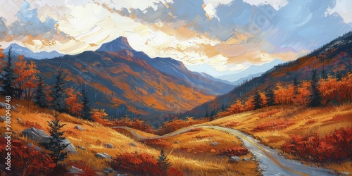 Mountain pass with winding road amidst autumn colors, painted with oil paints.