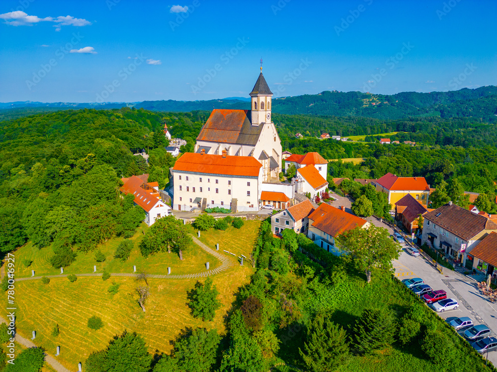 Aerial view of Basilica of the Virgin of Mercy at Ptujska Gora in Slovenia