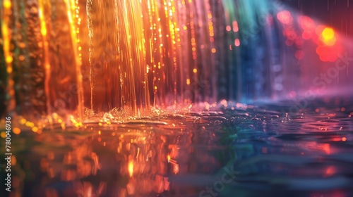 A waterfall with a rainbow in the background. The water is reflecting the colors of the rainbow  creating a beautiful and serene scene