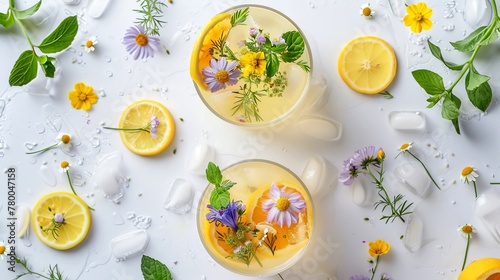 A beautiful and refreshing summer drink made with fresh lemons, mint, and chamomile flowers for a unique twist. Perfect for a hot day Quench your thirst with this flavorful and aromatic lemonade.