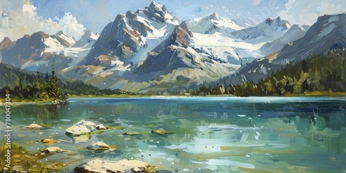 A breathtaking landscape of snow-capped peaks and a serene blue lake  captured in vibrant oil paints.