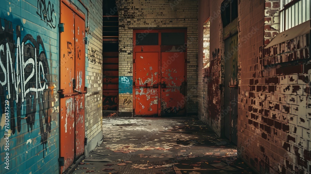 a hallway with red doors and graffiti - obrazy, fototapety, plakaty 