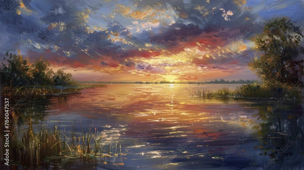 The tranquil lake at sunset, its warm hues mirrored on the water's surface, captured beautifully with oil paints.
